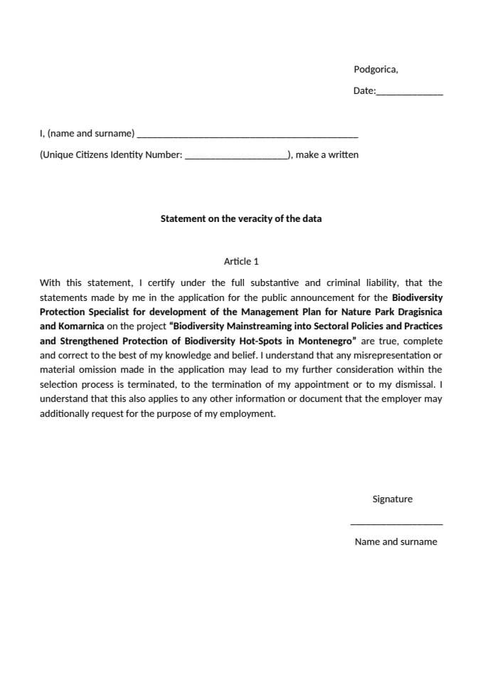 Јавни оглас за експерта за заштиту биодиверзитета за израду Плана управљања Парком природе Драгишница и Комарница у оквиру ГЕФ 7 пројекта - Аннеx 2_Статемент_Биодиверситy Протецтион Специалист МП
