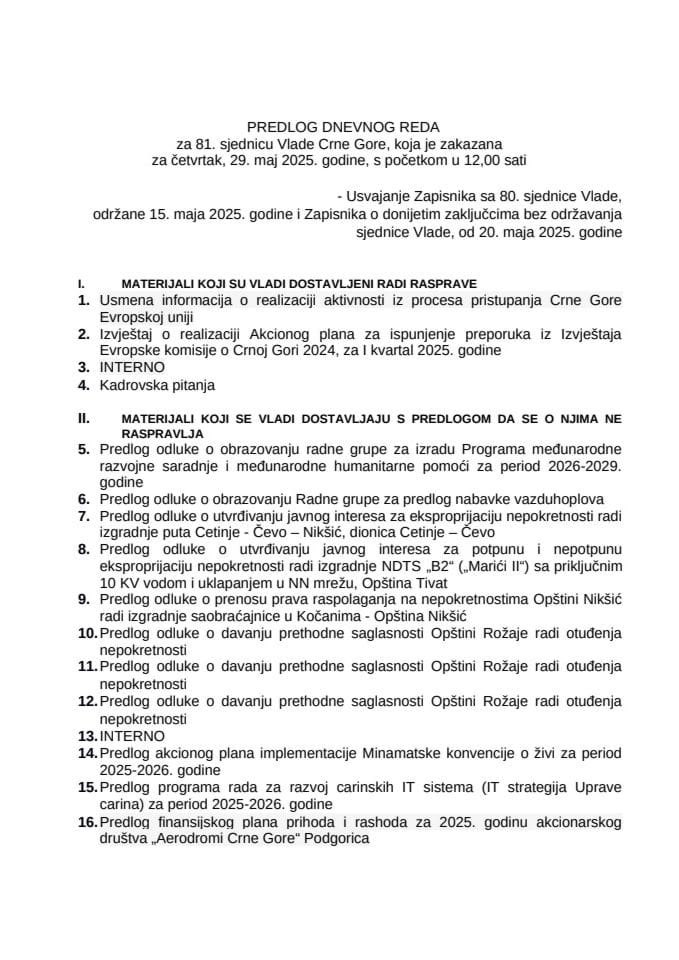 Predlog dnevnog reda za 81. sjednicu Vlade Crne Gore