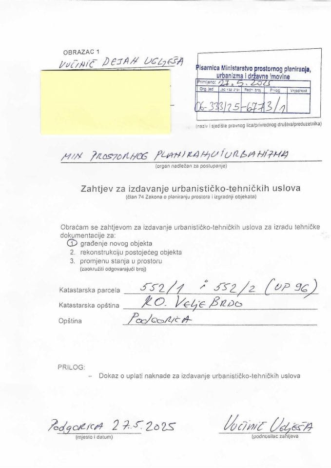 Zahtjevi za izdavanje urbanističko tehničkih uslova - 06_333_25_6773_1 Vučinić Uglješa