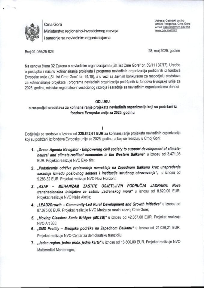 Одлука о расподјели средстава  за кофинансирање пројеката невладиних организација