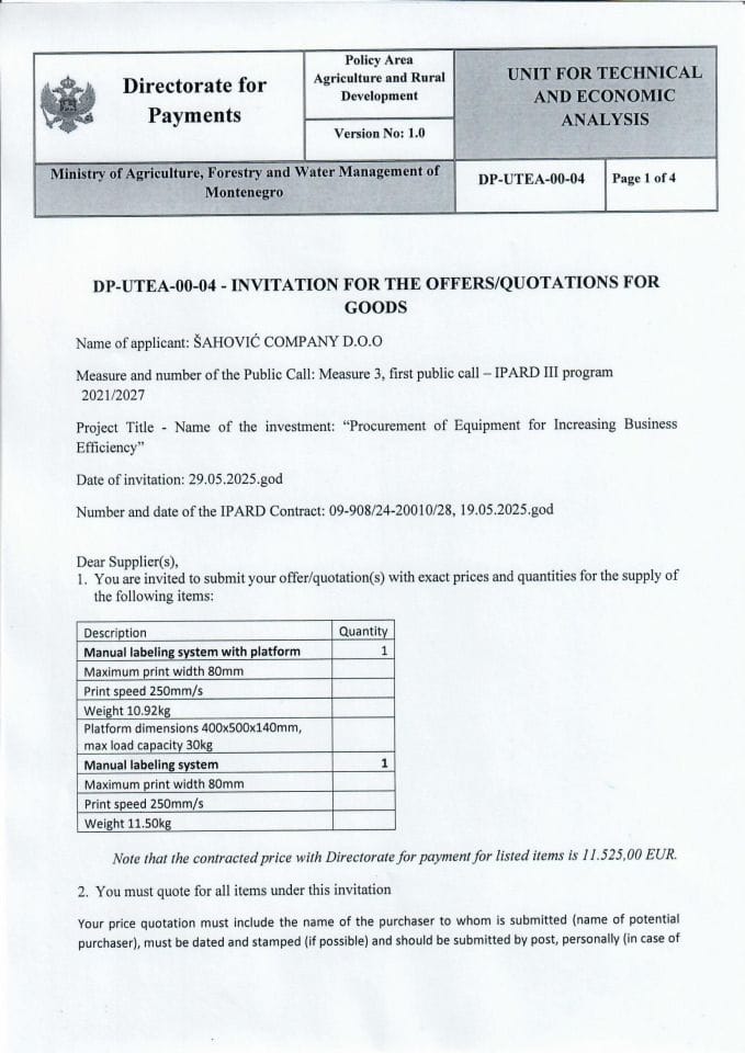 Invitation for the offers for goods - Manuel labeling system