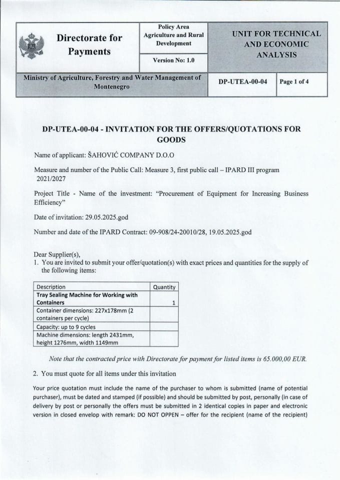 Invitation for the offers quotations for goods Machine eng. 1