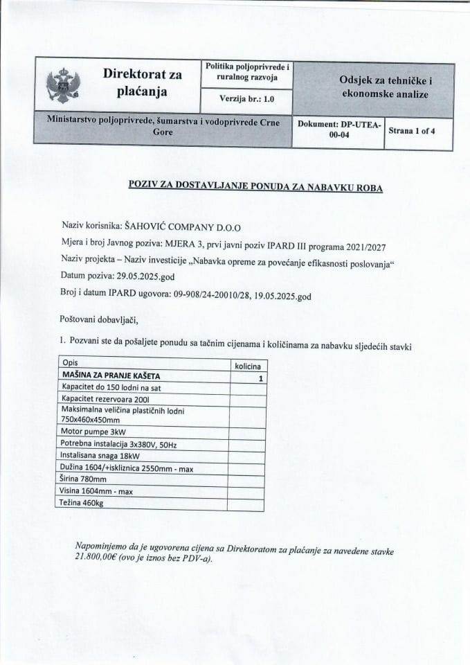 Poziv za dostavljanje ponuda za nabavku roba - mašina za pranje kašeta