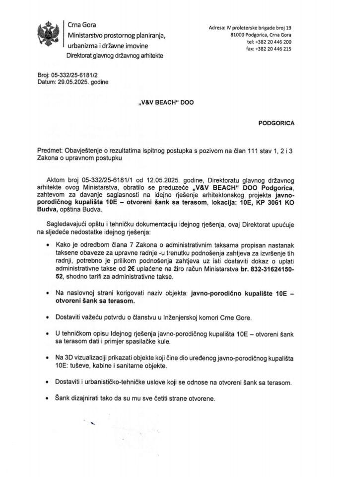 Obavještenja - Program privremenih objekata - 29.05.2025 Obavještenje -V&V BEACH DOO, Podgorica -Opština Budva
