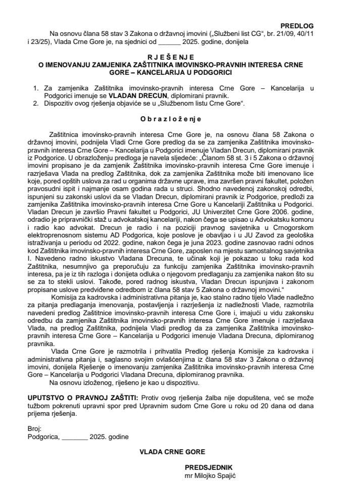 Predlog za imenovanje zamjenika Zaštitnika imovinsko-pravnih interesa Crne Gore - Kancelarija u Podgorici