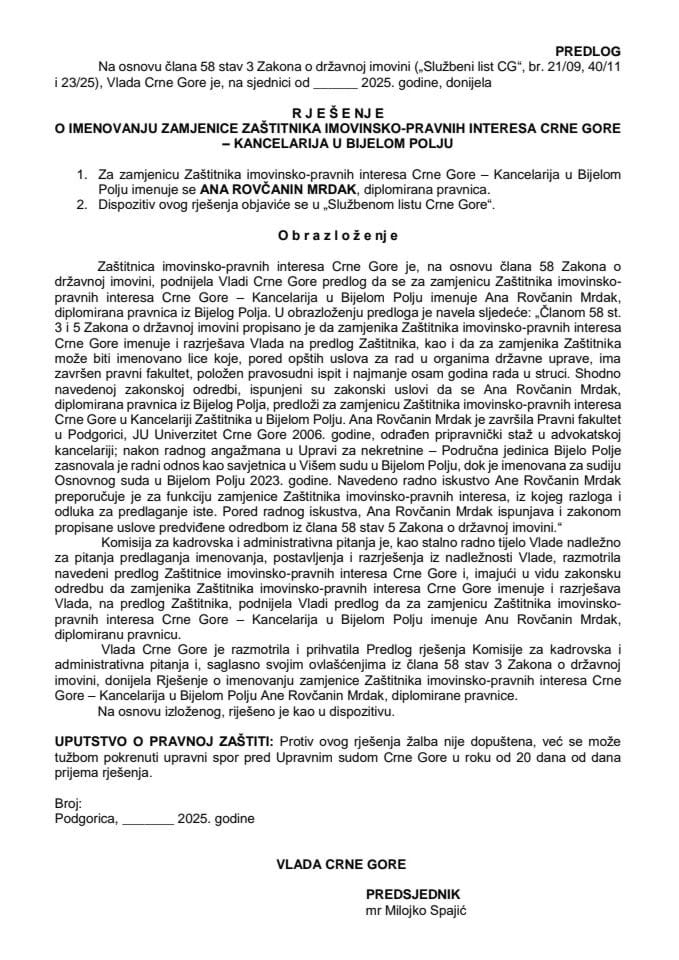 Predlog za imenovanje zamjenice Zaštitnika imovinsko-pravnih interesa Crne Gore - Kancelarija u Bijelom Polju