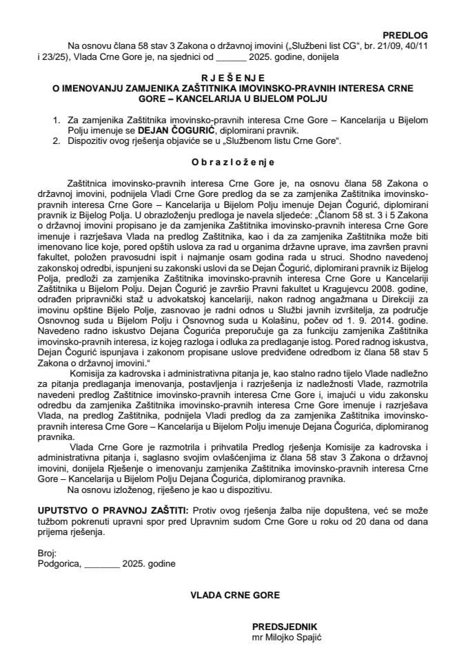 Predlog za imenovanje zamjenika Zaštitnika imovinsko-pravnih interesa Crne Gore - Kancelarija u Bijelom Polju