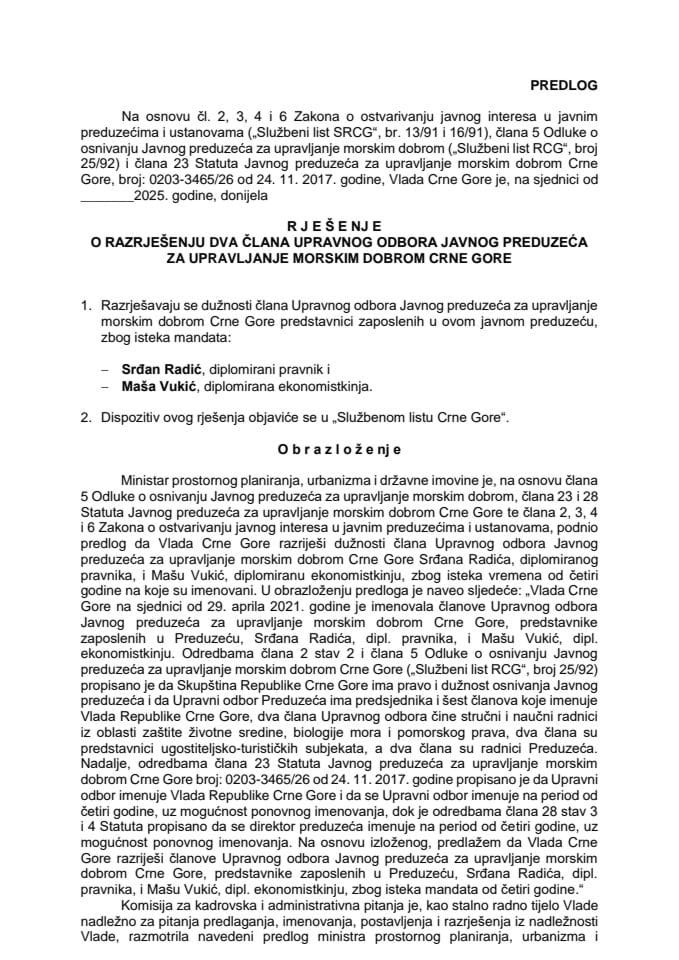 Predlog za razrješenje i imenovanje dva člana Upravnog odbora Javnog preduzeća za upravljanje morskim dobrom Crne Gore