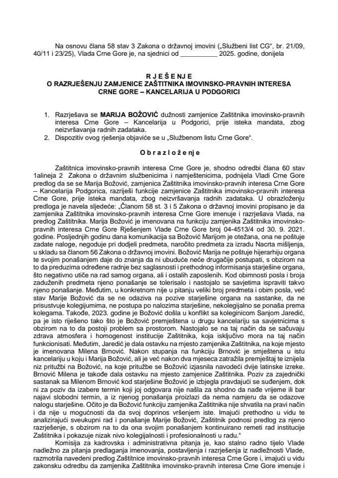 Predlog za razrješenje zamjenice Zaštitnika imovinsko-pravnih interesa Crne Gore - Kancelarija u Podgorici