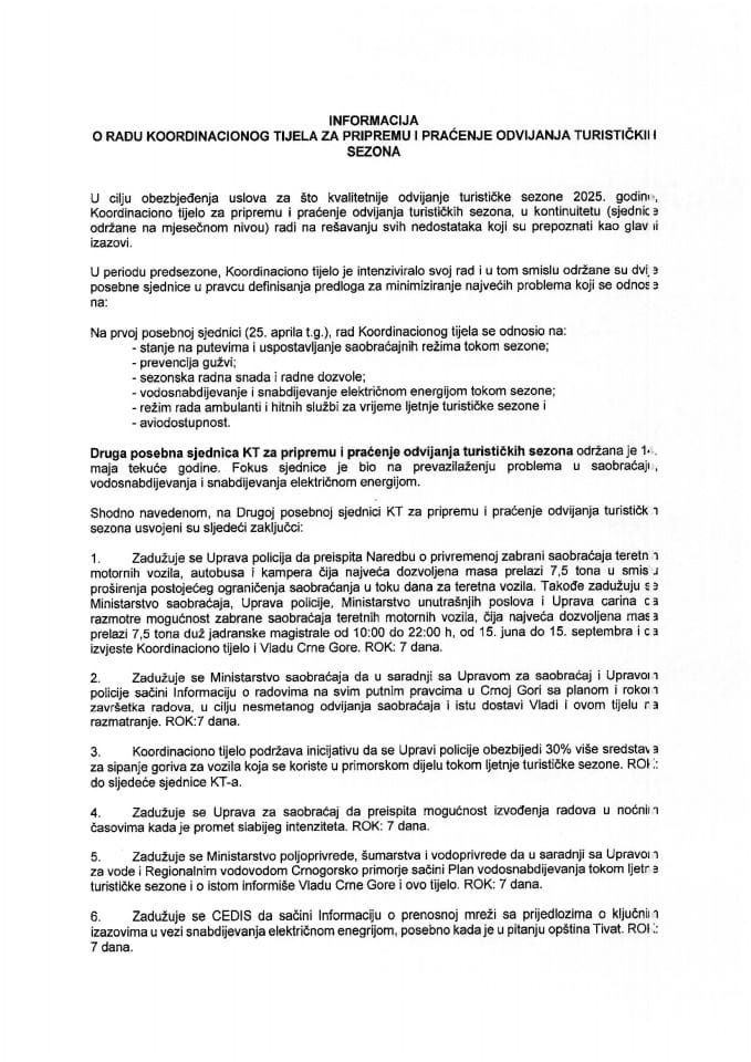 Informacija o aktivnostima Koordinacionog tijela za pripremu i praćenje odvijanja turističkih sezona