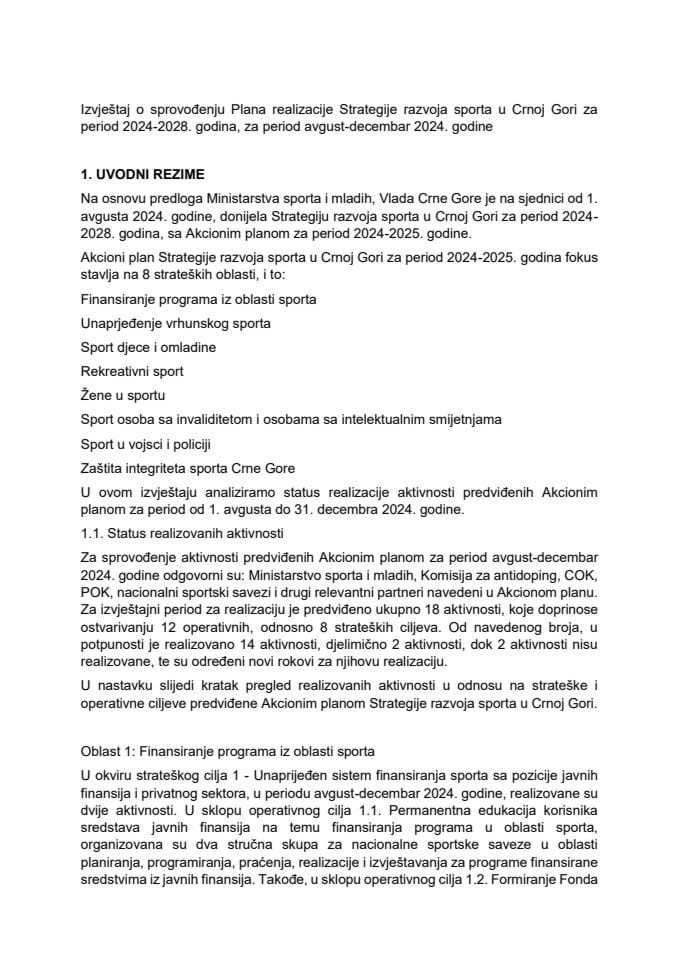 Izvještaj o realizaciji Akcionog plana za sprovođenje Strategije razvoja sporta u Crnoj Gori (2024-2028) za 2024. godinu