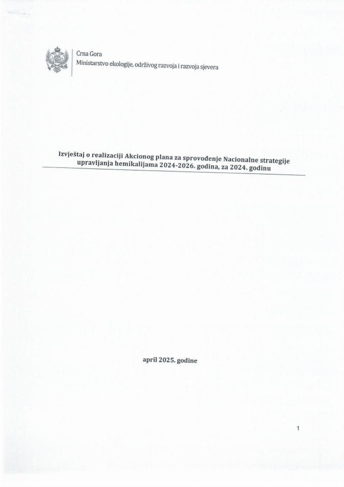 Izvještaj o realizaciji Akcionog plana za sprovođenje Nacionalne strategije upravljanja hemikalijama 2024-2026. godine, za 2024. godinu
