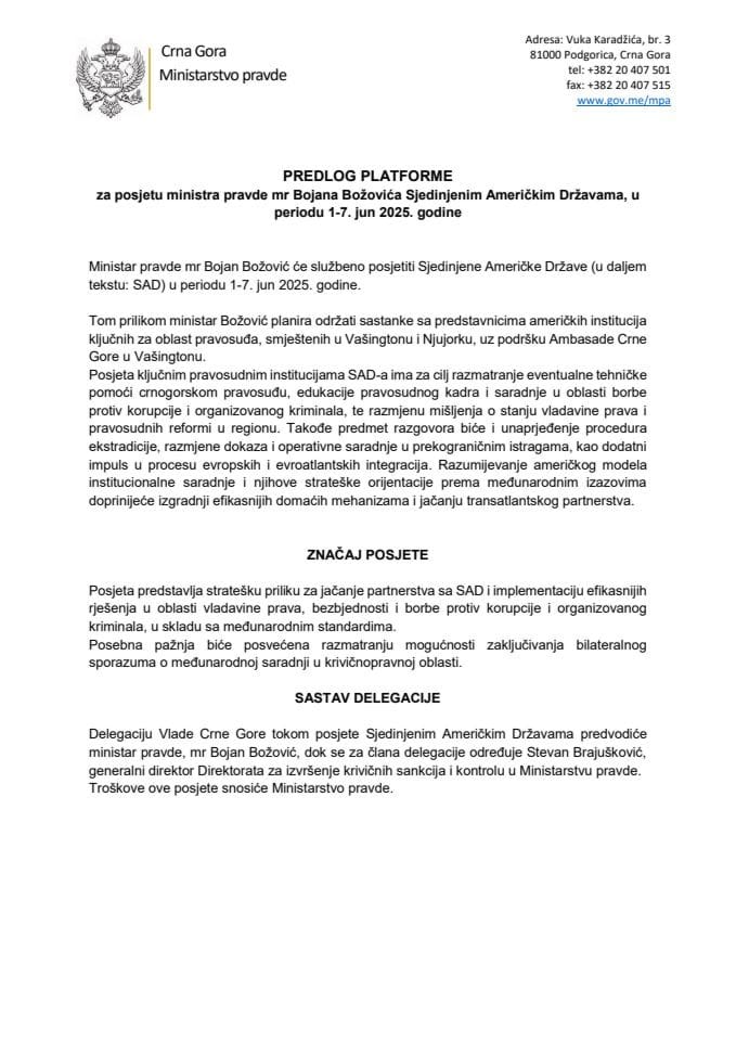 Predlog platforme za posjetu ministra pravde mr Bojana Božovića Sjedinjenim Američkim Državama, u periodu 1-7. jun 2025. godine