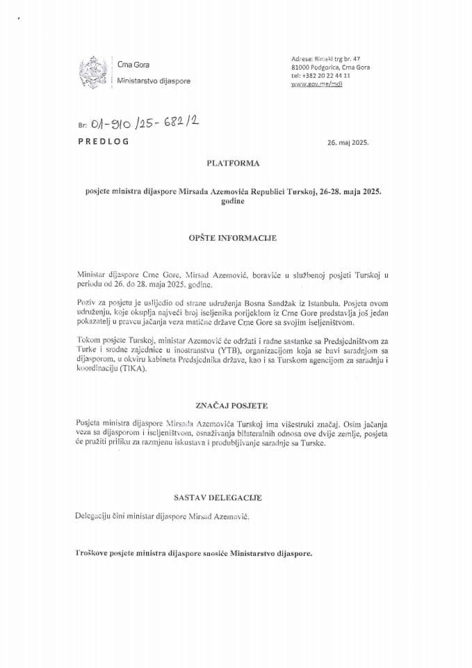 Predlog platforme za službenu posjetu ministra dijaspore Mirsada Azemovića Republici Turskoj