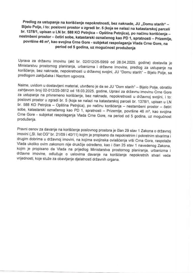 Predlog za ustupanje na korišćenje nepokretnosti, bez naknade JU „Domu starih“- Bijelo Polje