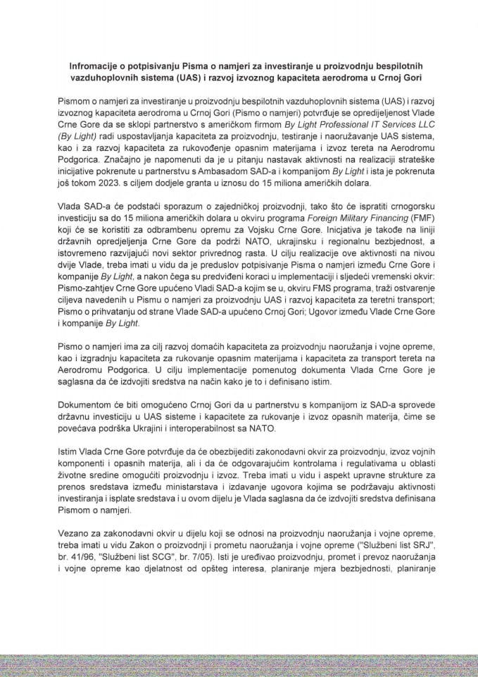 Infromacija o potpisivanju Pisma o namjeri za investiranje u proizvodnju bespilotnih vazduhoplovnih sistema (UAS) i razvoj izvoznog kapaciteta aerodroma u Crnoj Gori s Predlogom pisma o namjeri