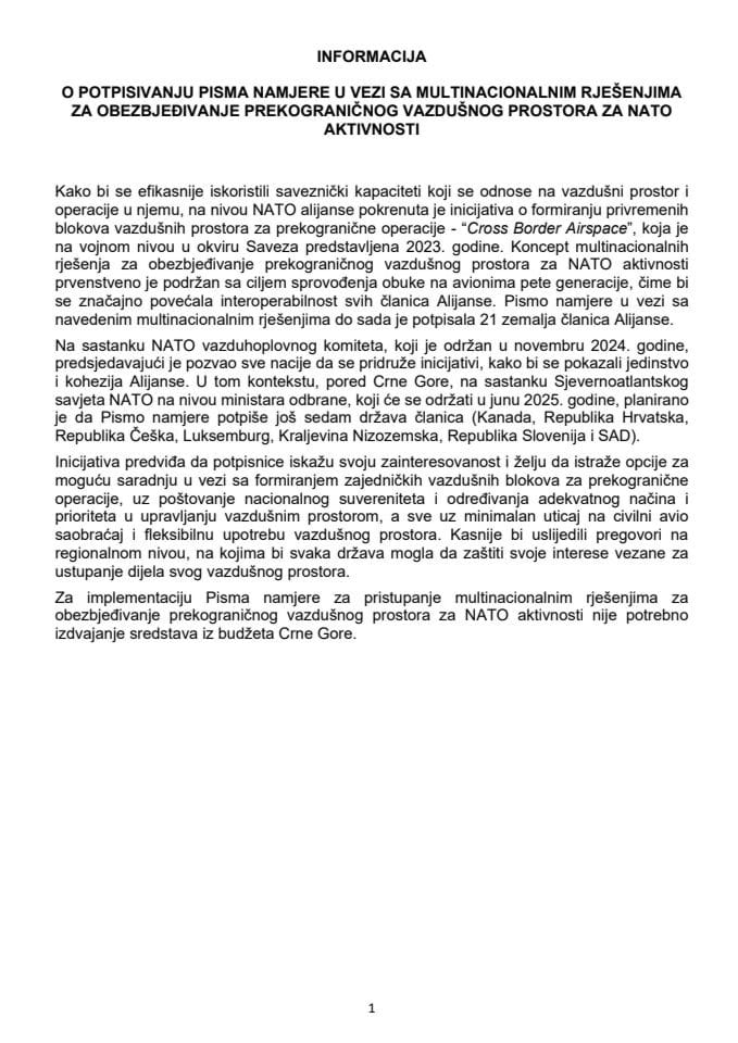Informacija o potpisivanju Pisma namjere u vezi sa multinacionalnim rješenjima za obezbjeđivanje prekograničnog vazdušnog prostora za NATO aktivnosti s Predlogom pisma namjere