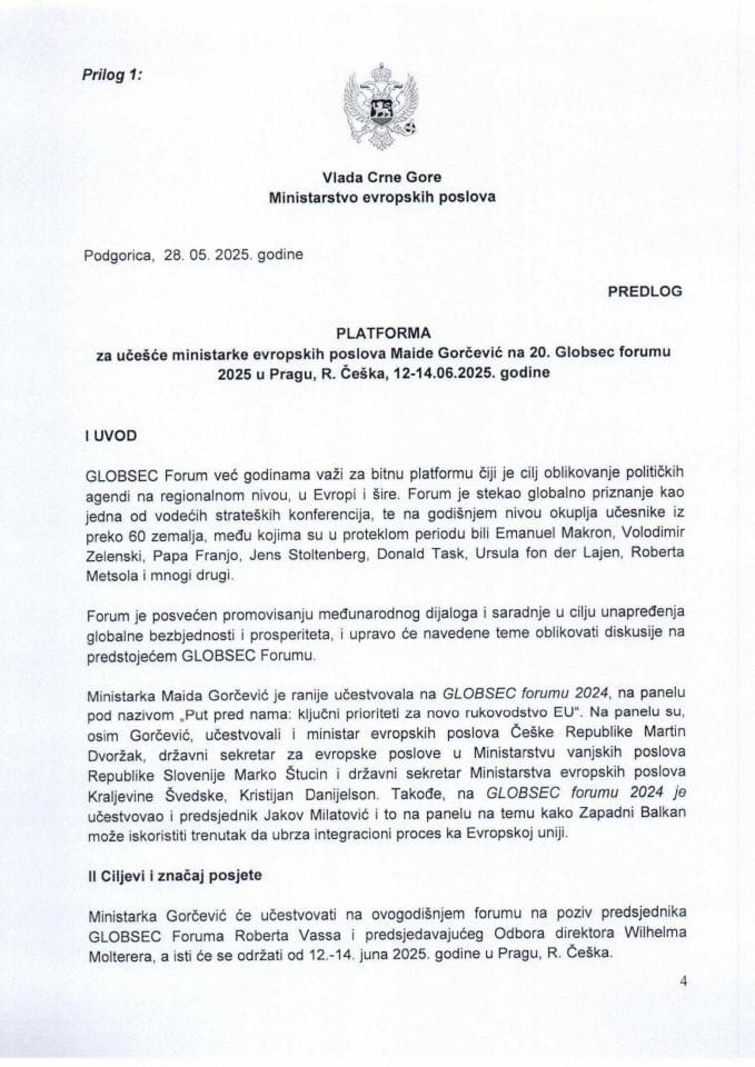 Predlog platforme za učešće ministarke evropskih poslova Maide Gorčević na 20. GLOBSEC forumu 2025 u Pragu, Republika Češka, 12-14. jun 2025. godine