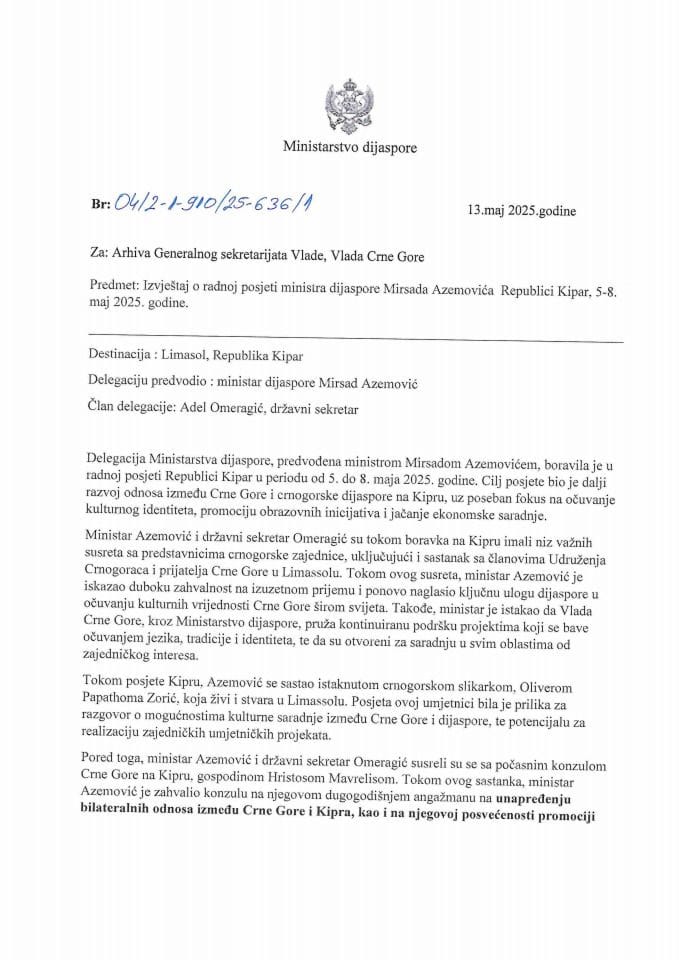 Izvještaj o radnoj posjeti ministra dijaspore Mirsada Azemovića Republici Kipar, 5-8. maja 2025. godine