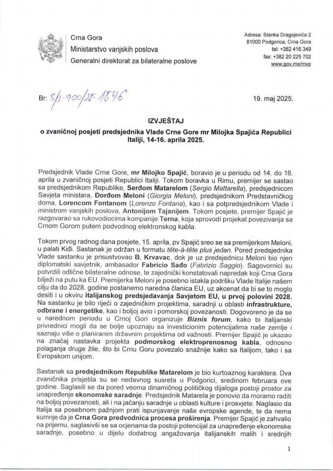Izvještaj o zvaničnoj posjeti predsjednika Vlade Crne Gore mr Milojka Spajića Republici Italiji, 14-16. aprila 2025. godine