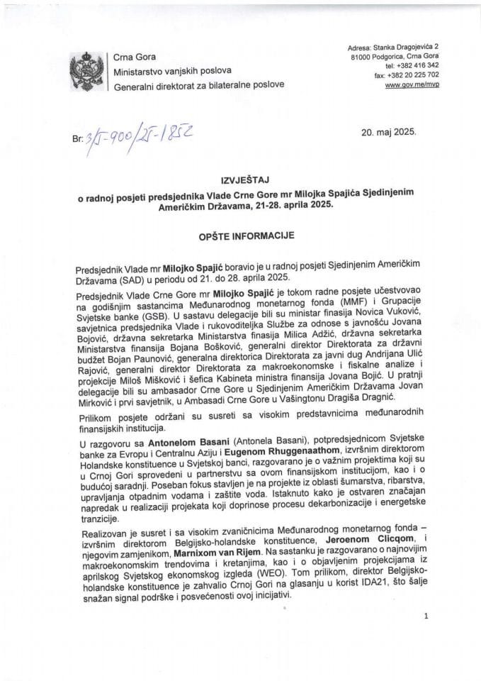 Izvještaj o radnoj posjeti predsjednika Vlade Crne Gore mr Milojka Spajića Sjedinjenim Američkim Državama, 21-28. aprila 2025. godine