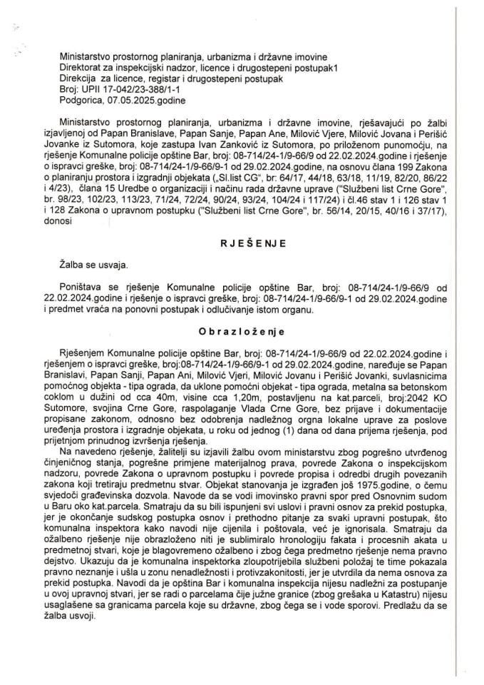 Drugostepena rješenja - UPII 17-042-24-388-1-1 PAPAN BRANISLAVA, PAPAN SANJA, PAPAN ANA, MILOVIĆ VJERA, MILOVIĆ JOVAN, PERIŠIĆ JOVANKA