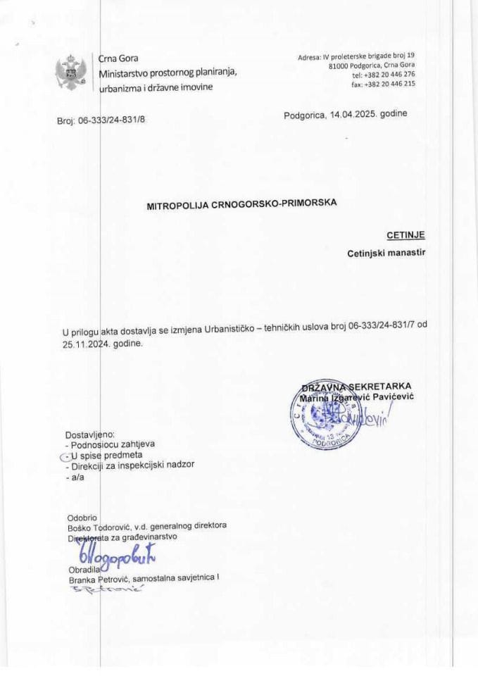 Izdati urbanističko-tehnički uslovi - 06_333_24_831_8 MITROPOLIJA CRNOGORSKO PRIMORSKA