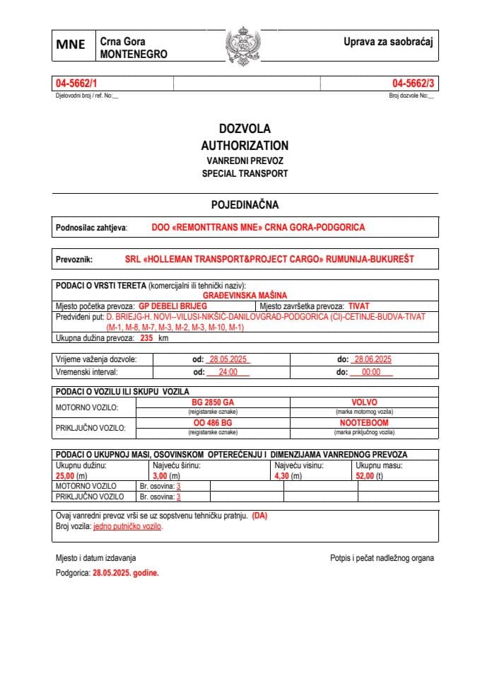 REMONTTRANS MNE 04-5662-HOLLEMAN TRANSPORT-PROJECT CARGO