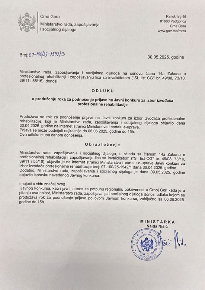 O D L U K A o produženju roka za podnošenje prijave na Javni konkurs za izbor izvođača profesionalne rehabilitacije