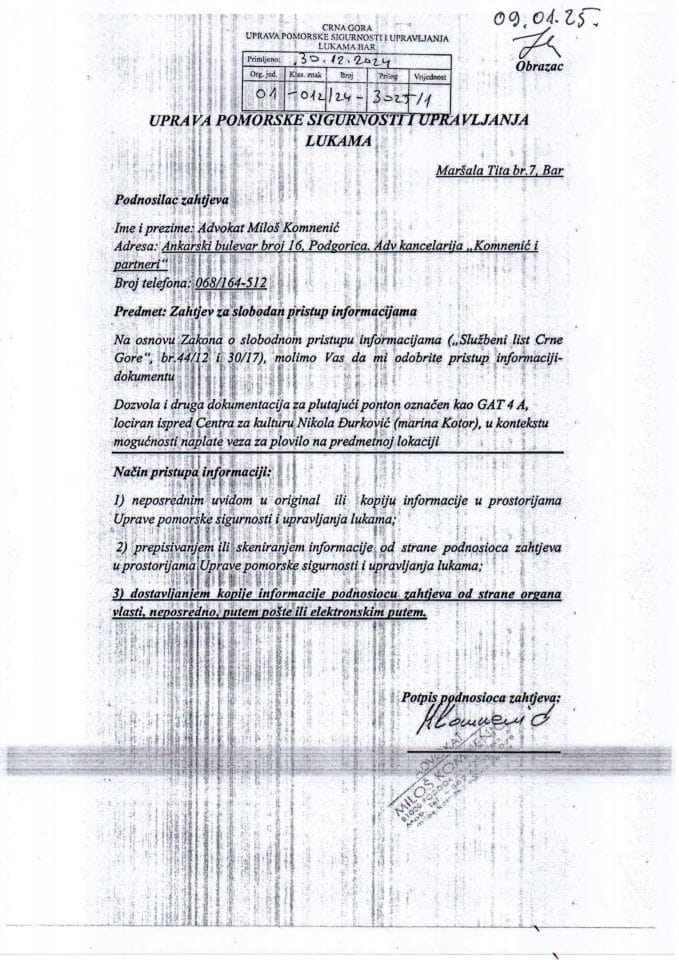 Obavjestenje o proslijedjivanju informacije Adv. kancelarija Komnenic i partneri br. 01-012-24-30251-1 od 30.1.2024.