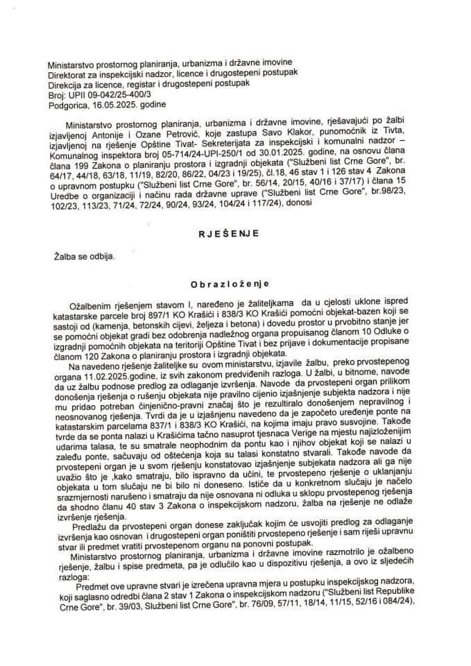 Drugostepena rješenja - UPII 09-042-25-400-3 ANTONIJA I OZANA PETROVIĆ