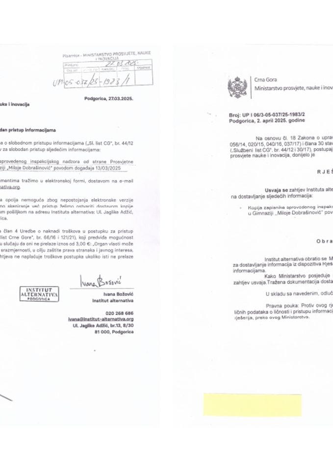 Zahtjev i rješenje - Zapisnik o održanom inspekcijskom nadzoru u Gimnaziji u Bijelom Polju