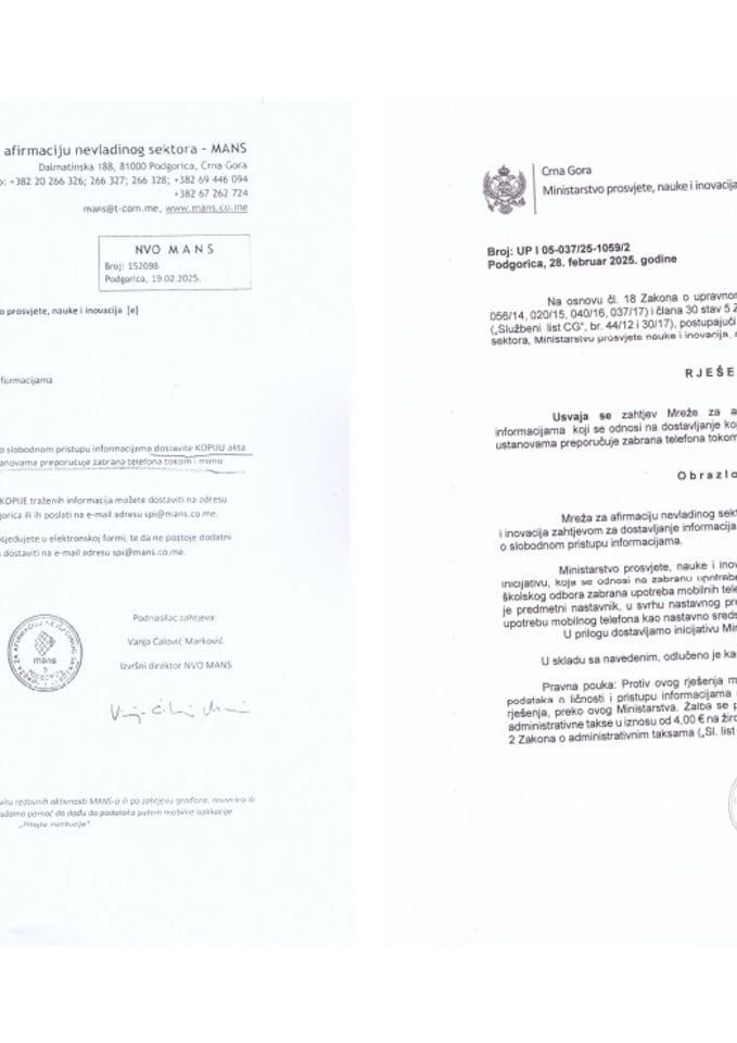 Zahjtev i rješenje - Informacija o aktu kojim se obrazovnim ustanovama preporučuje zabrana upotrebe telefona tokom i van izvođenja nastave