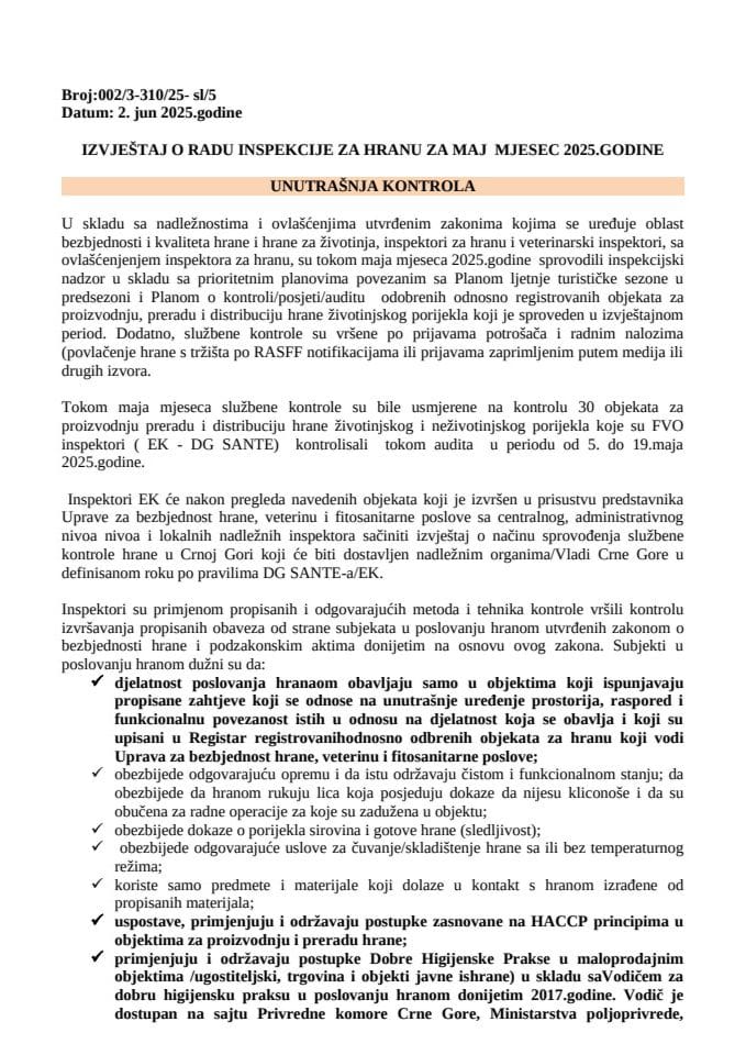 Izvještaj o radu inspekcije za hranu - maj 2025.