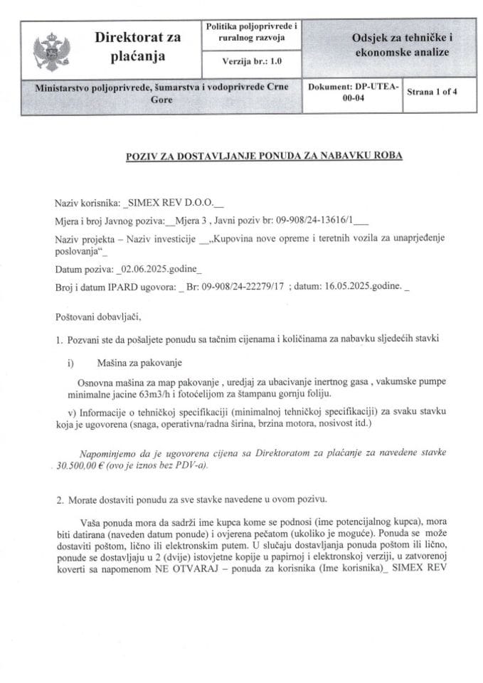 poziv za dostavljanje ponuda za nabavku robe- masina za pakovanje