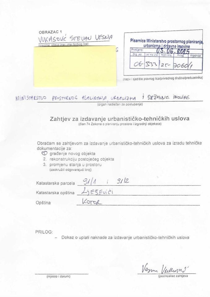 Zahtjevi za izdavanje urbanističko tehničkih uslova - 06_333_25_7060_1 Vukasović Vesna