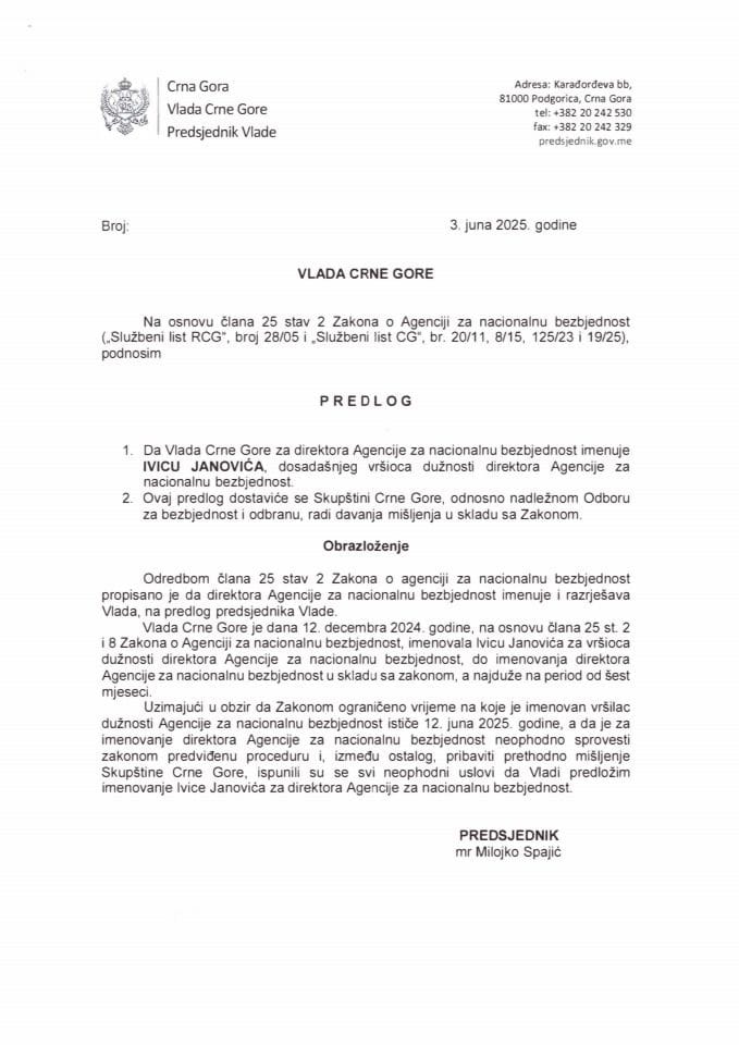 Predlog za imenovanje direktora Agencije za nacionalnu bezbjednost