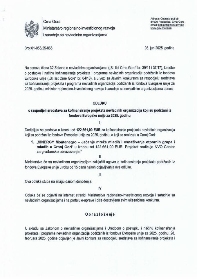 Odluka o raspodjeli sredstava za kofinansiranje projekata NVO