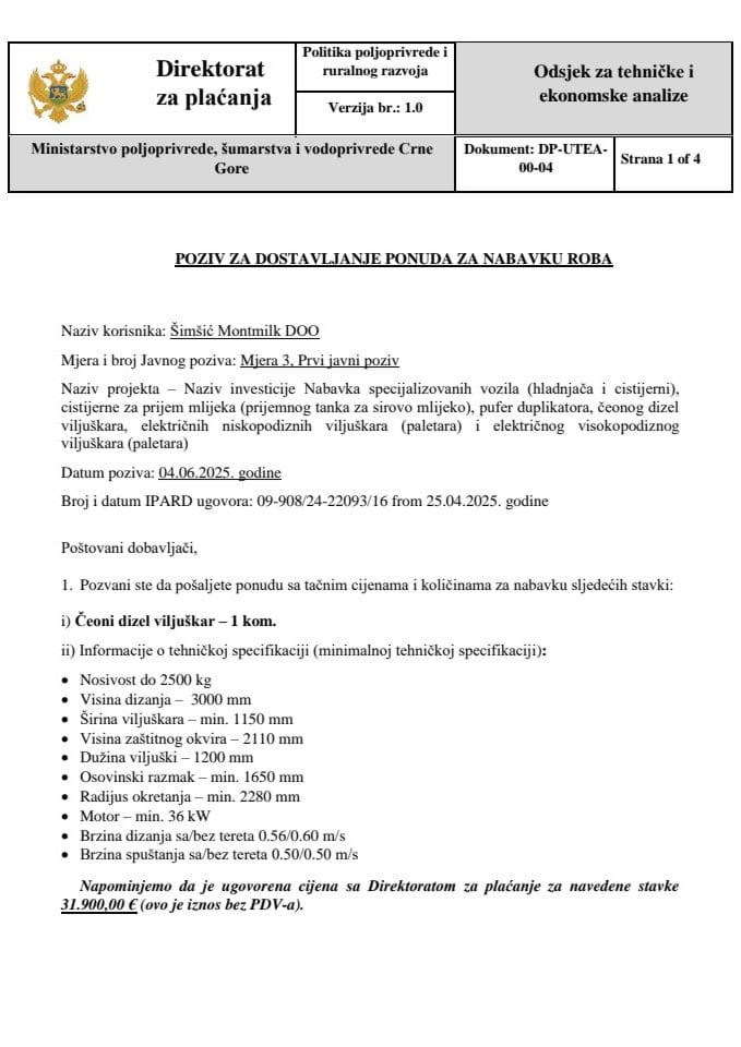 Poziv za dostavljanje ponuda za nabavku roba - ceoni dizel viljuskar