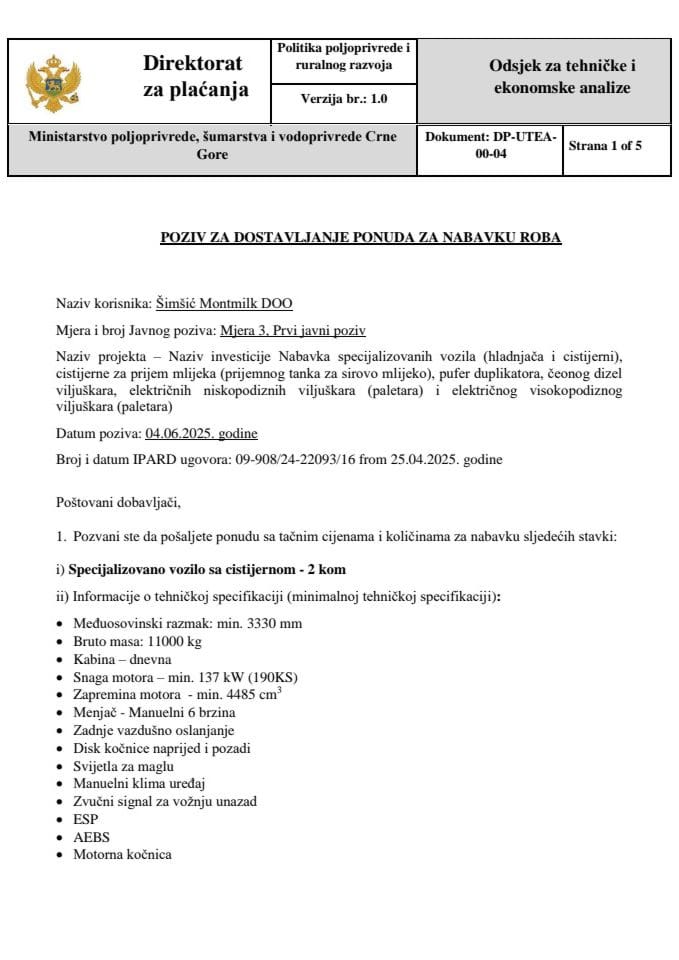 Poziv za dostavljanje ponuda za nabavku roba kamioni - 2 komada cistijerne