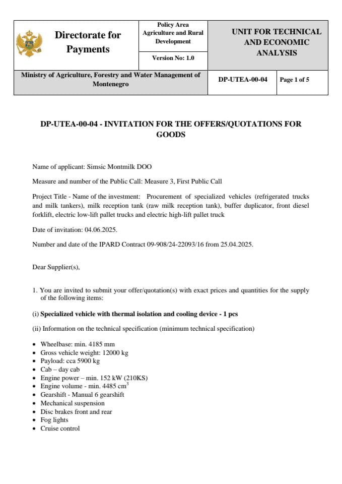 Invitation for the offers quotations for goods trucks - 1 pcs big