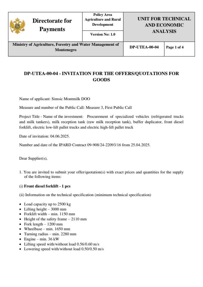 Invitation for the offers quotations for goods - front diesel forklift 