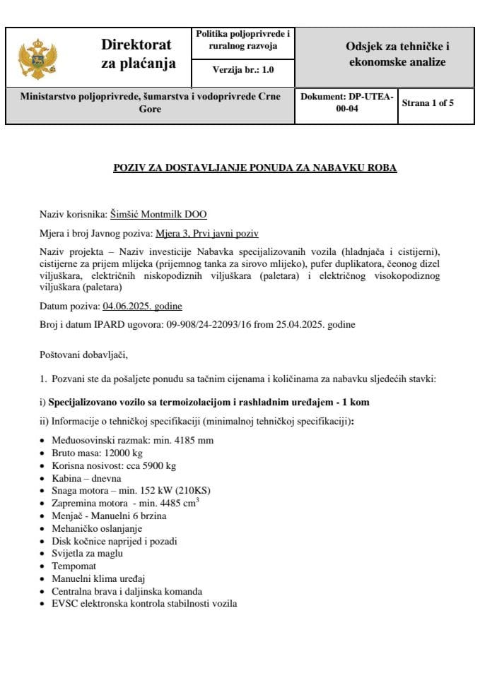 Poziv za dostavljanje ponuda za nabavku roba kamion - 1 komad veliki