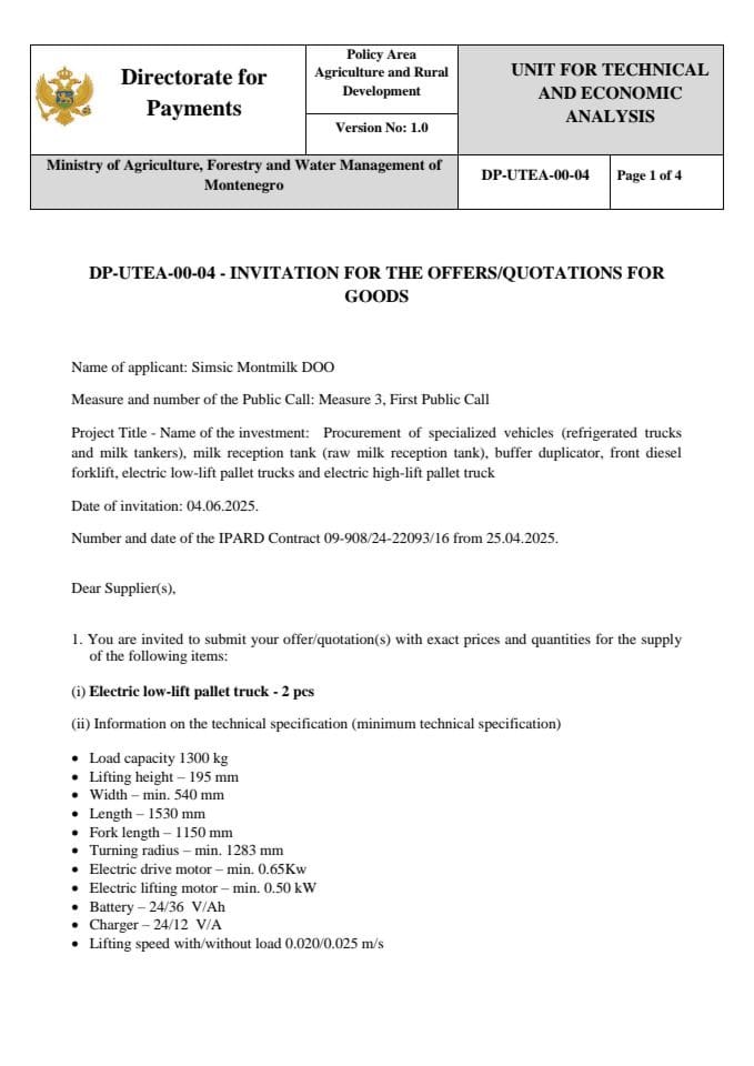 Invitation for the offers quotations for goods - electric low-lift pallet truck