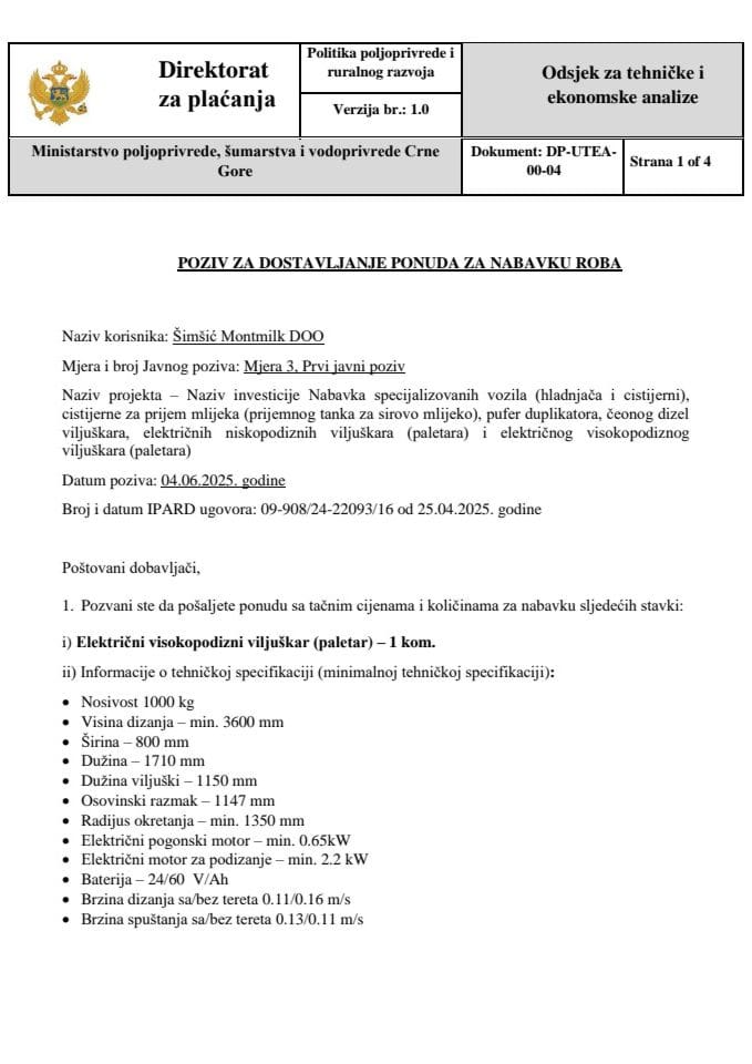 Poziv za dostavljanje ponuda za nabavku roba - elektricni visokopodizni viljuškar (paletar)