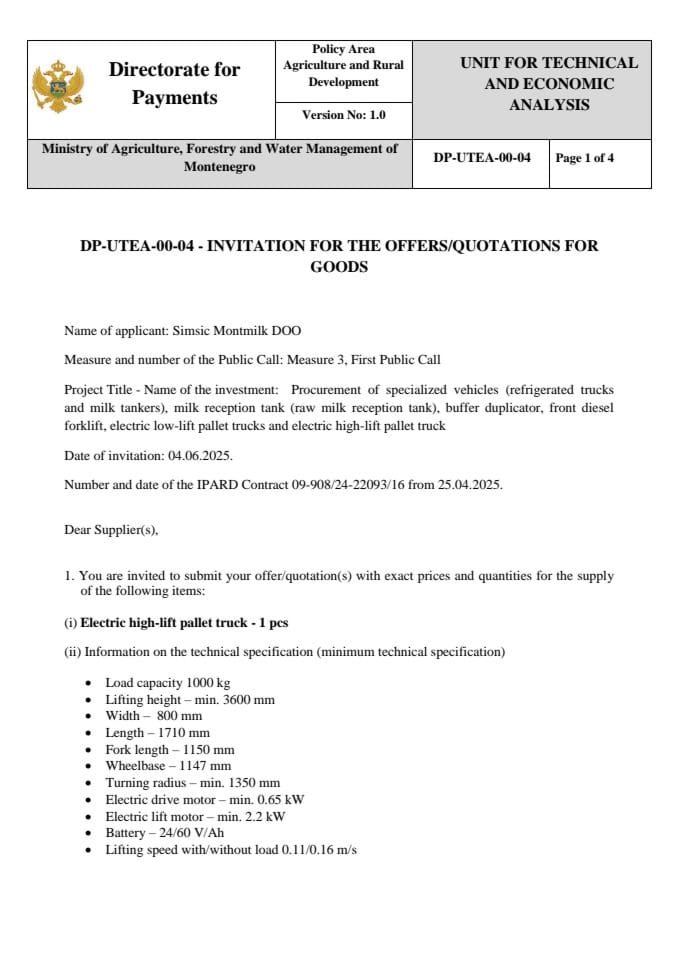 Invitation for the offers quotations for goods - electric high-lift pallet truck  