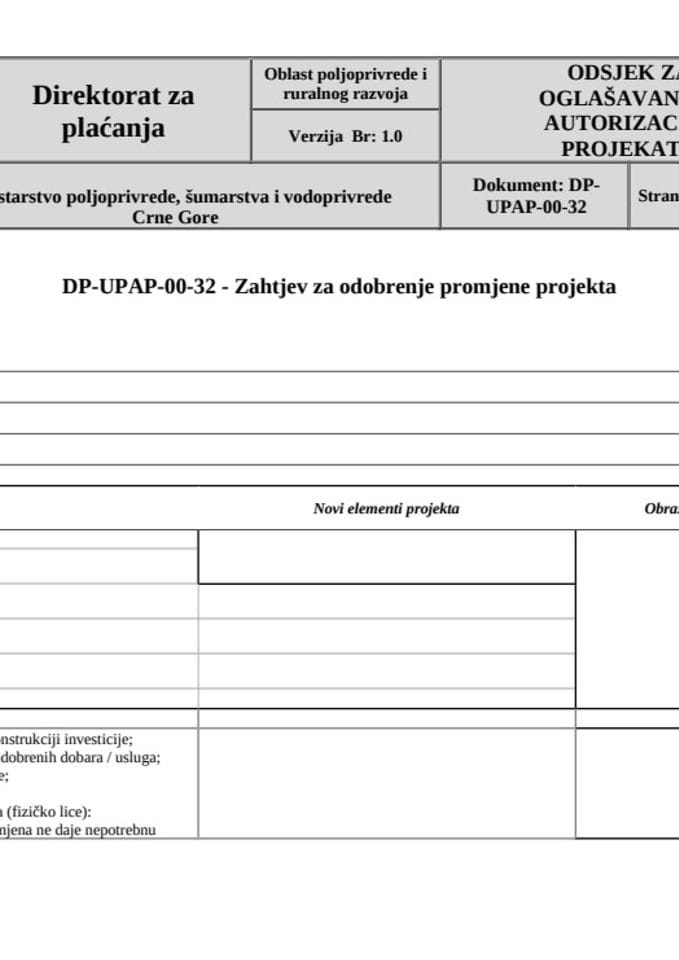 Zahtjev za odobrenje promjene projekta