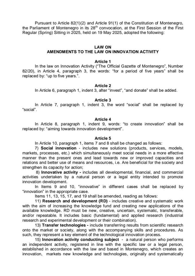 Law on amendments to the Law on innovation activity