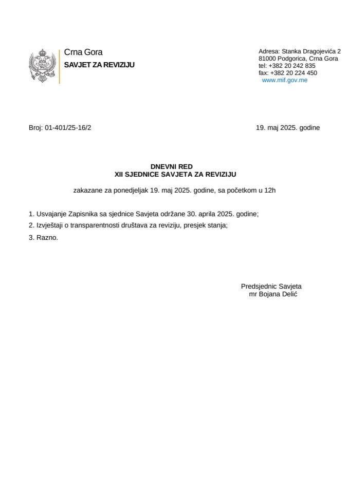 Dnevni red - XII sjednica Savjeta za reviziju