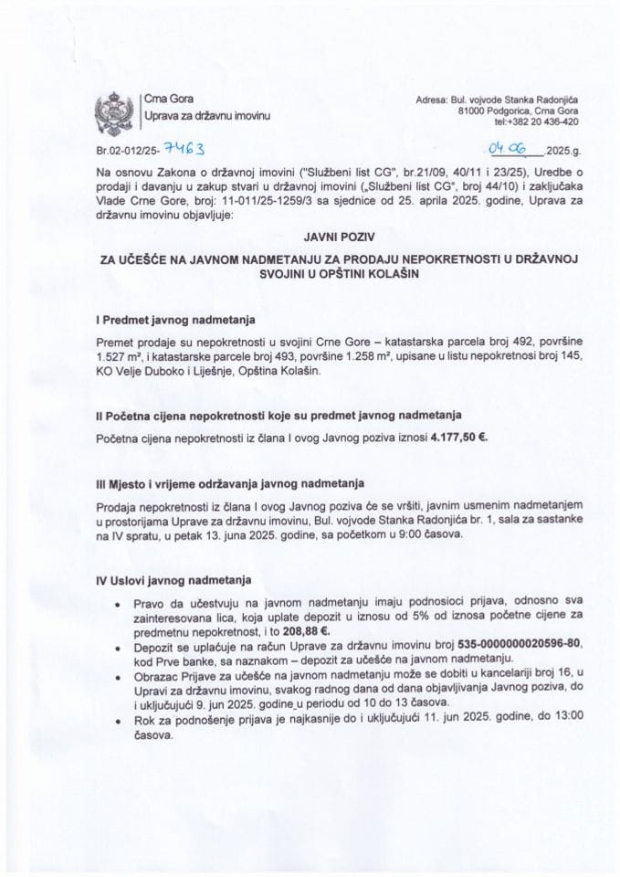 Javni poziv za učešće na javnom nadmetanju za prodaju nepokretnosti u državnoj svojini u opštini Kolašin
